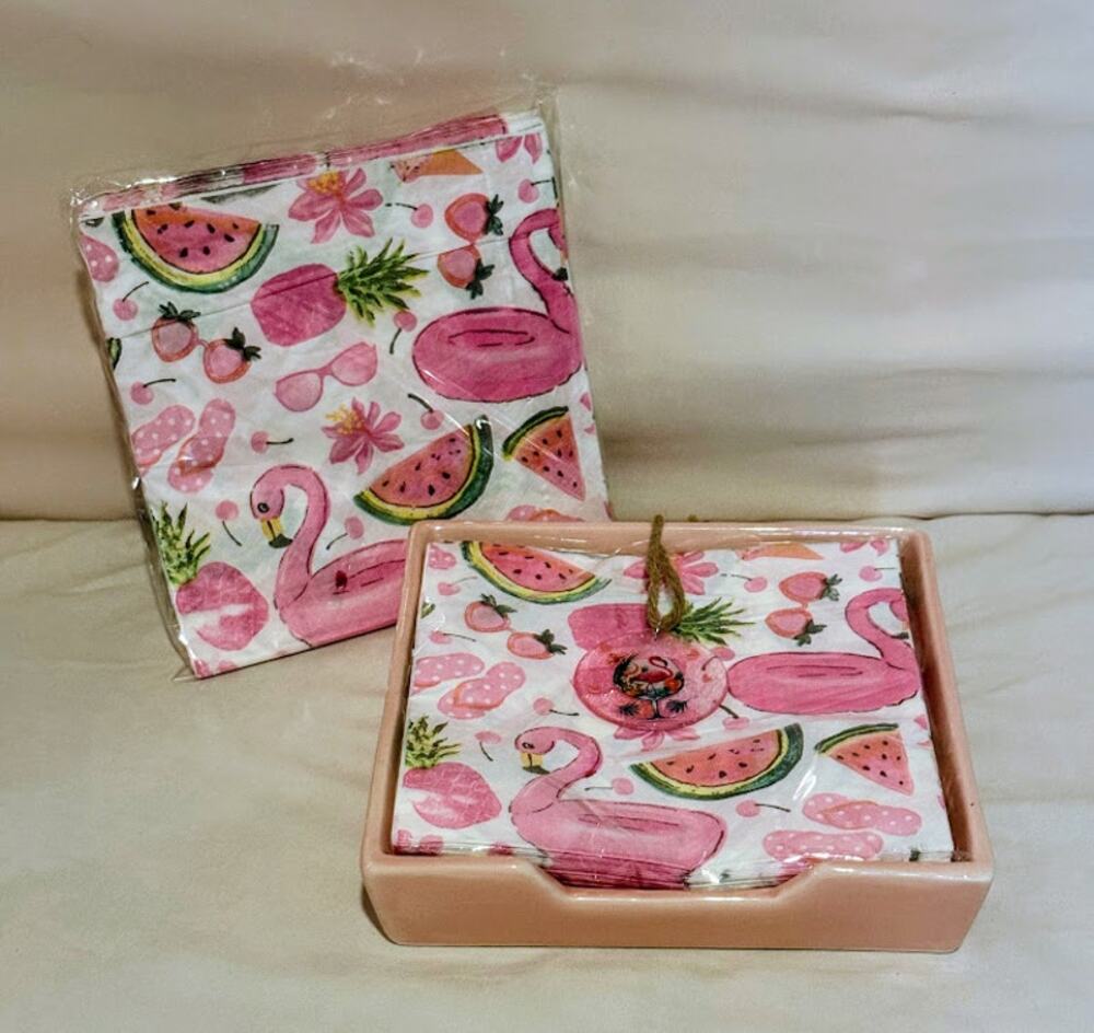 Pink Flamingo Napkin Holder with Napkins